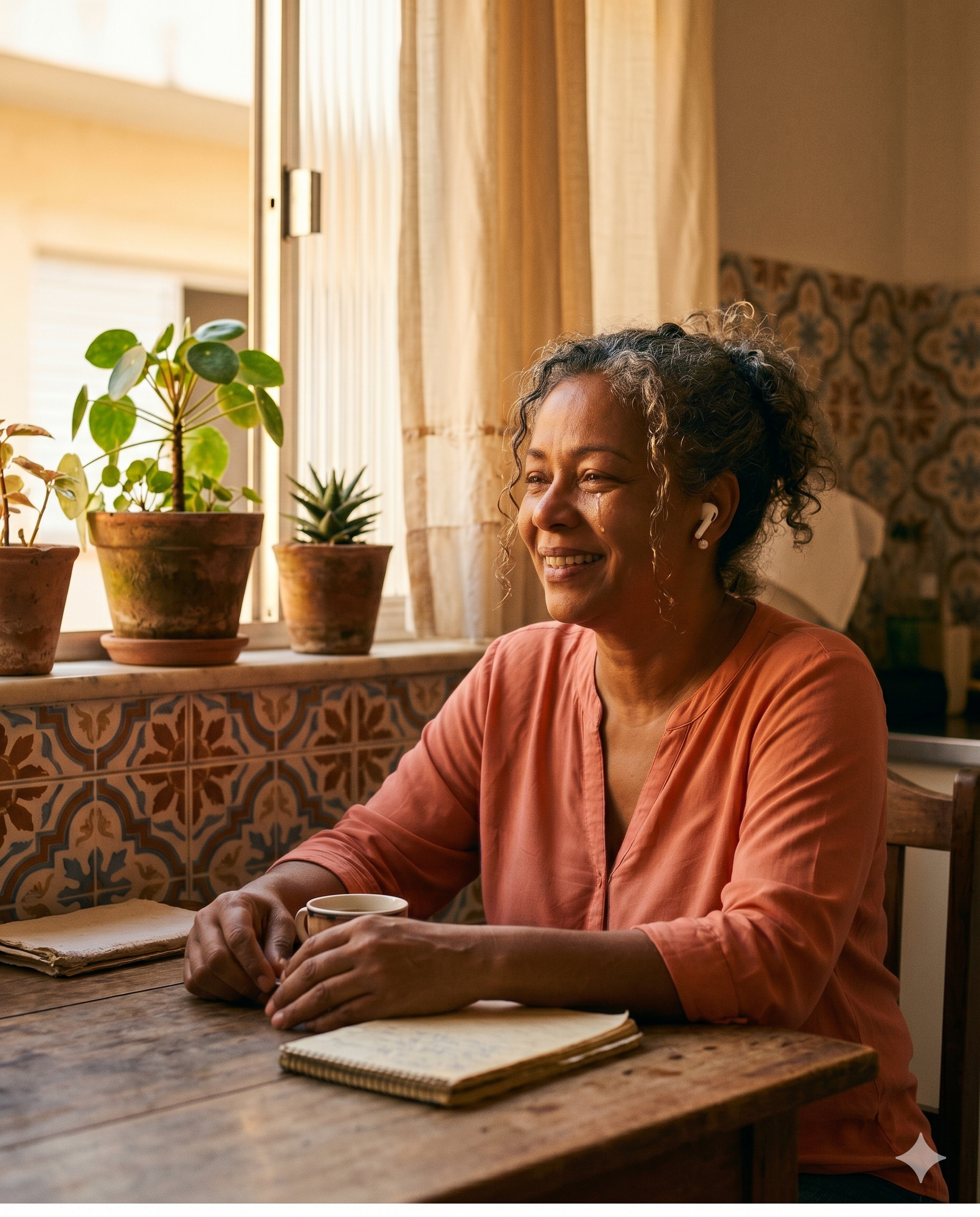 Clara sentada à mesa de casa, com fone de ouvido, sorrindo enquanto ouve sua música — luz natural dourada